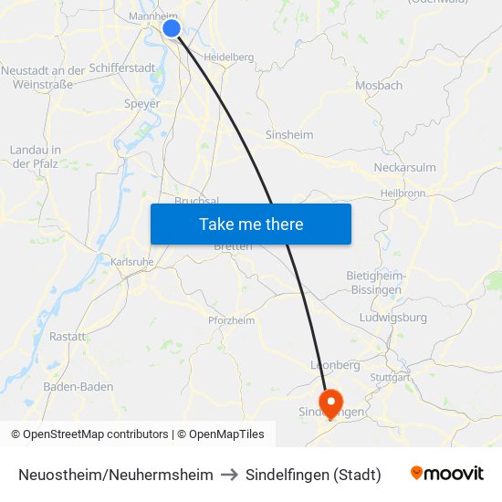 Neuostheim/Neuhermsheim to Sindelfingen (Stadt) map