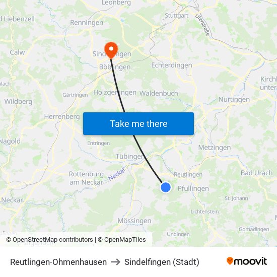 Reutlingen-Ohmenhausen to Sindelfingen (Stadt) map