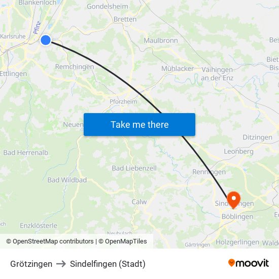 Grötzingen to Sindelfingen (Stadt) map