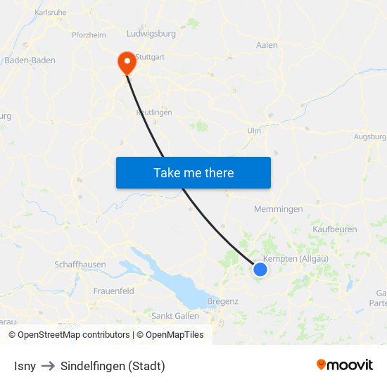 Isny to Sindelfingen (Stadt) map