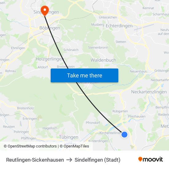 Reutlingen-Sickenhausen to Sindelfingen (Stadt) map