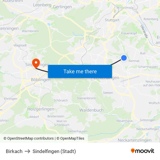 Birkach to Sindelfingen (Stadt) map