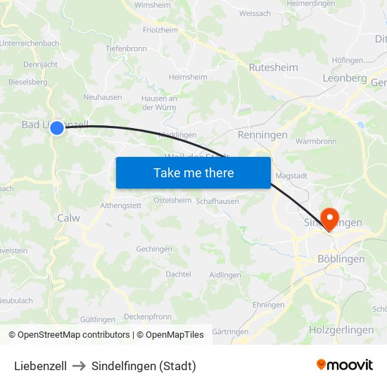 Liebenzell to Sindelfingen (Stadt) map