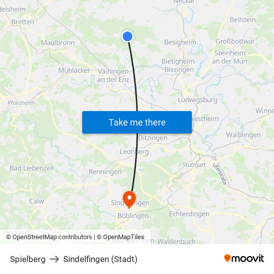 Spielberg to Sindelfingen (Stadt) map