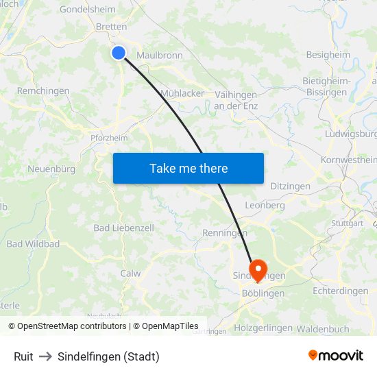 Ruit to Sindelfingen (Stadt) map