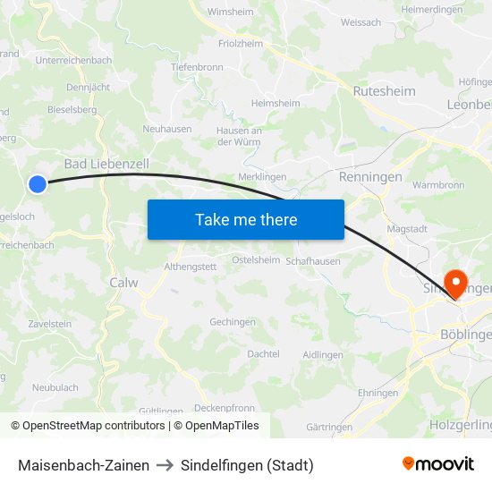 Maisenbach-Zainen to Sindelfingen (Stadt) map