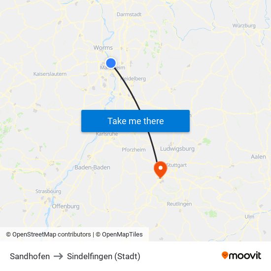 Sandhofen to Sindelfingen (Stadt) map