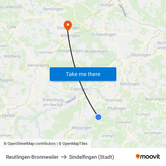 Reutlingen-Bronnweiler to Sindelfingen (Stadt) map