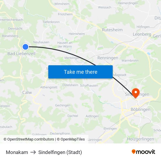 Monakam to Sindelfingen (Stadt) map