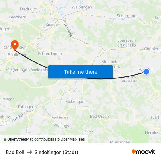 Bad Boll to Sindelfingen (Stadt) map