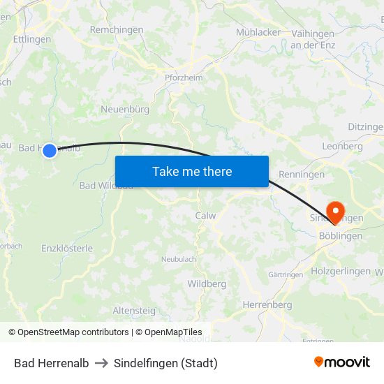 Bad Herrenalb to Sindelfingen (Stadt) map