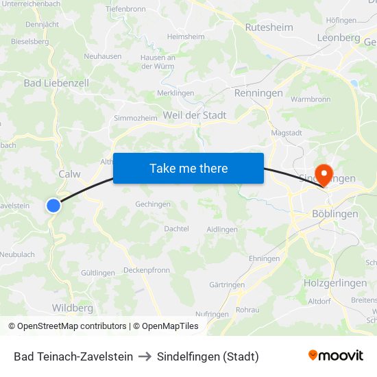 Bad Teinach-Zavelstein to Sindelfingen (Stadt) map