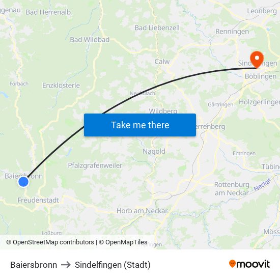 Baiersbronn to Sindelfingen (Stadt) map