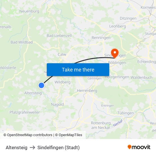 Altensteig to Sindelfingen (Stadt) map