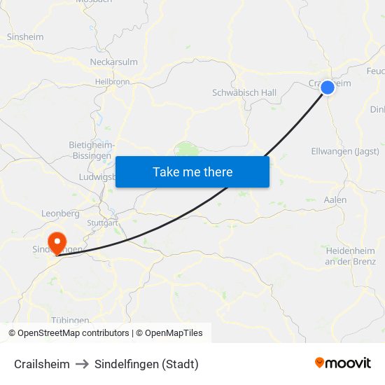 Crailsheim to Sindelfingen (Stadt) map