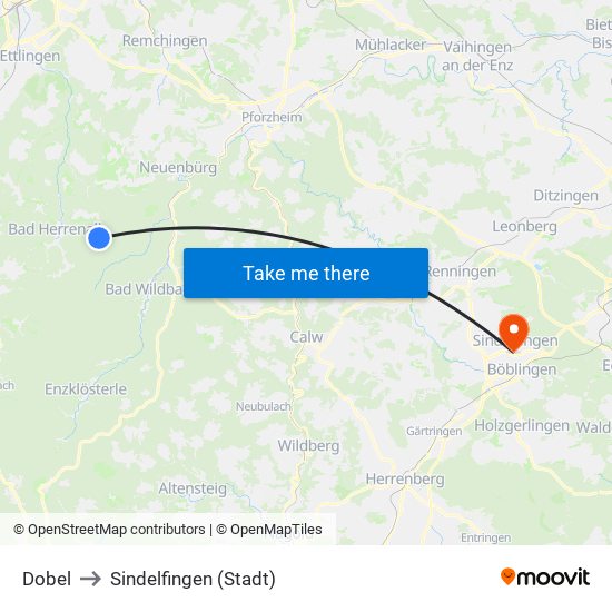 Dobel to Sindelfingen (Stadt) map