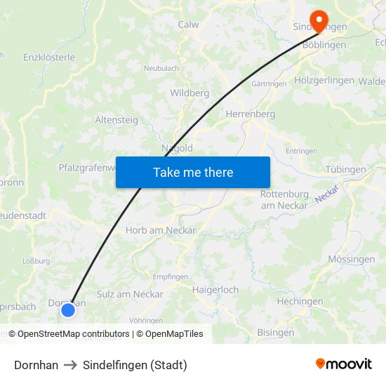 Dornhan to Sindelfingen (Stadt) map