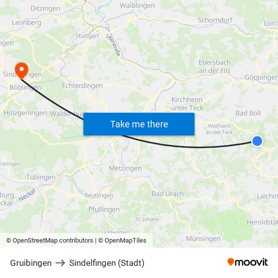 Gruibingen to Sindelfingen (Stadt) map