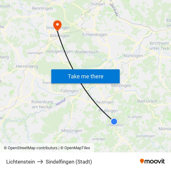 Lichtenstein to Sindelfingen (Stadt) map