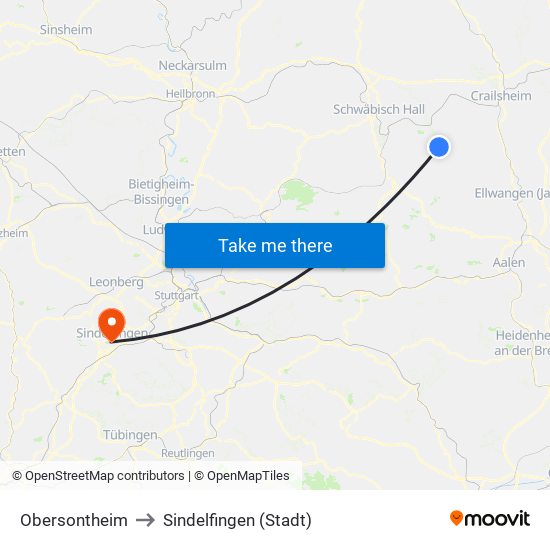 Obersontheim to Sindelfingen (Stadt) map