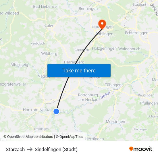 Starzach to Sindelfingen (Stadt) map