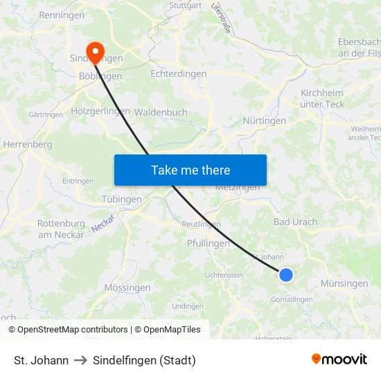 St. Johann to Sindelfingen (Stadt) map