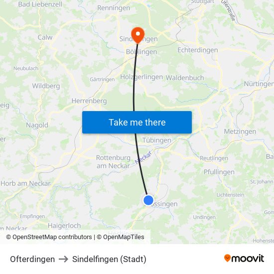 Ofterdingen to Sindelfingen (Stadt) map