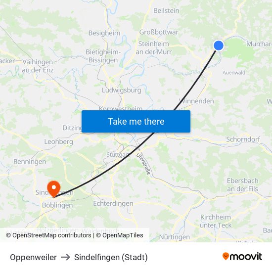 Oppenweiler to Sindelfingen (Stadt) map