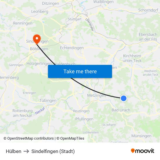 Hülben to Sindelfingen (Stadt) map