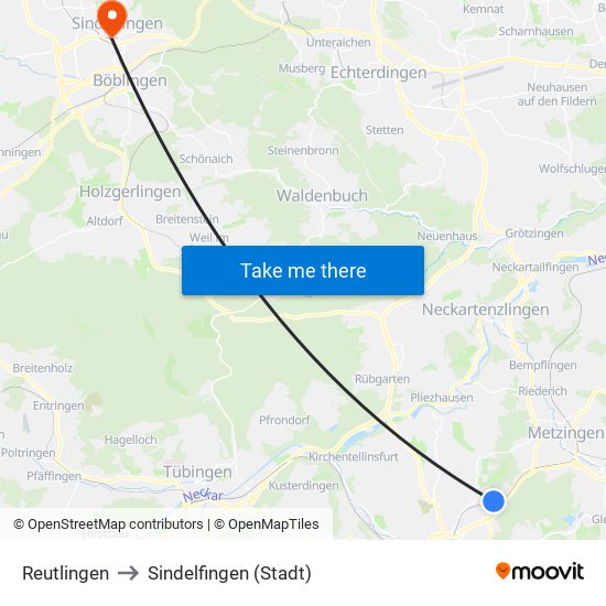 Reutlingen to Sindelfingen (Stadt) map