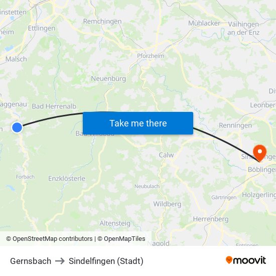 Gernsbach to Sindelfingen (Stadt) map