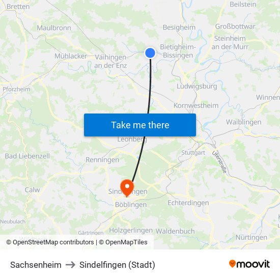 Sachsenheim to Sindelfingen (Stadt) map