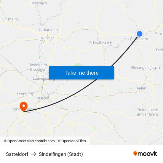 Satteldorf to Sindelfingen (Stadt) map