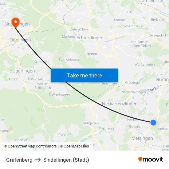 Grafenberg to Sindelfingen (Stadt) map