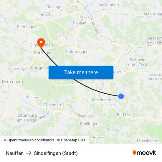 Neuffen to Sindelfingen (Stadt) map