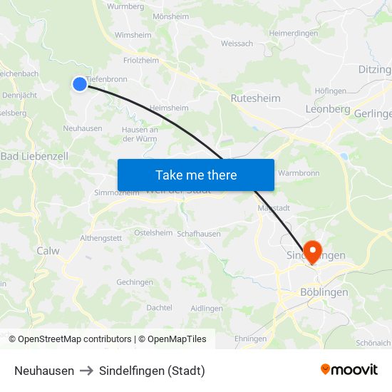 Neuhausen to Sindelfingen (Stadt) map