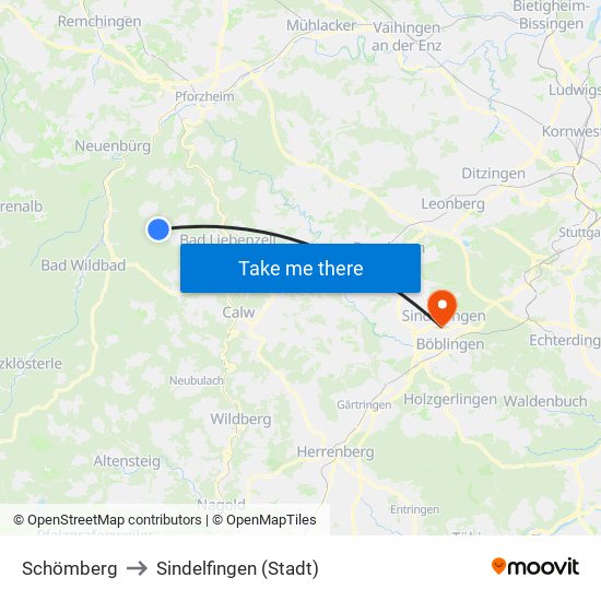 Schömberg to Sindelfingen (Stadt) map