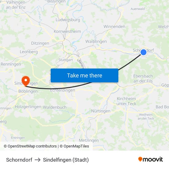 Schorndorf to Sindelfingen (Stadt) map