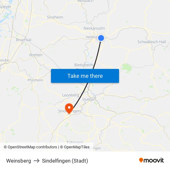 Weinsberg to Sindelfingen (Stadt) map