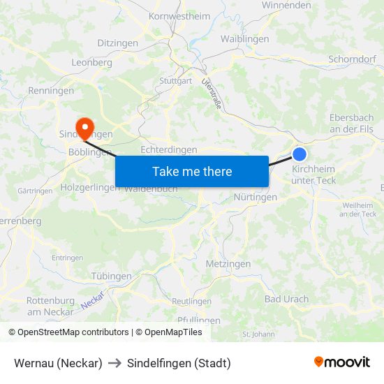 Wernau (Neckar) to Sindelfingen (Stadt) map