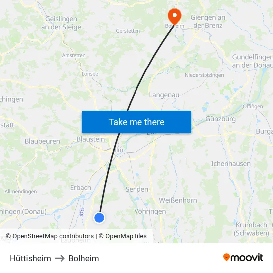 Hüttisheim to Bolheim map