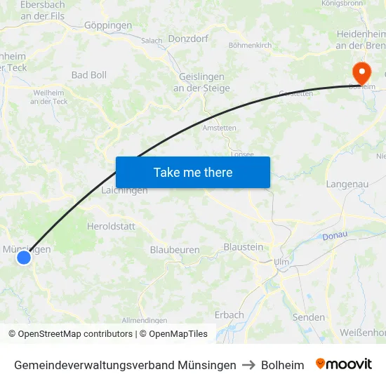Gemeindeverwaltungsverband Münsingen to Bolheim map
