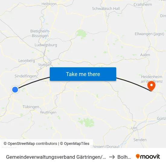 Gemeindeverwaltungsverband Gärtringen/Ehningen to Bolheim map