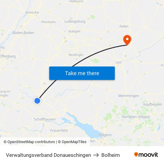 Verwaltungsverband Donaueschingen to Bolheim map