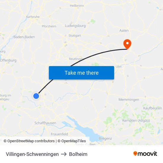 Villingen-Schwenningen to Bolheim map