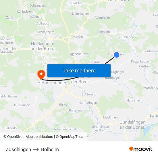 Zöschingen to Bolheim map