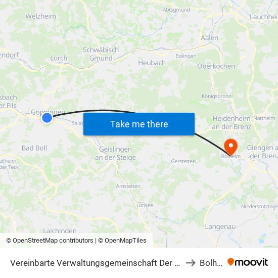 Vereinbarte Verwaltungsgemeinschaft Der Stadt Göppingen to Bolheim map