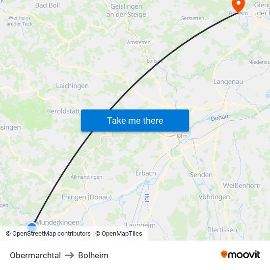 Obermarchtal to Bolheim map