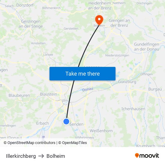 Illerkirchberg to Bolheim map