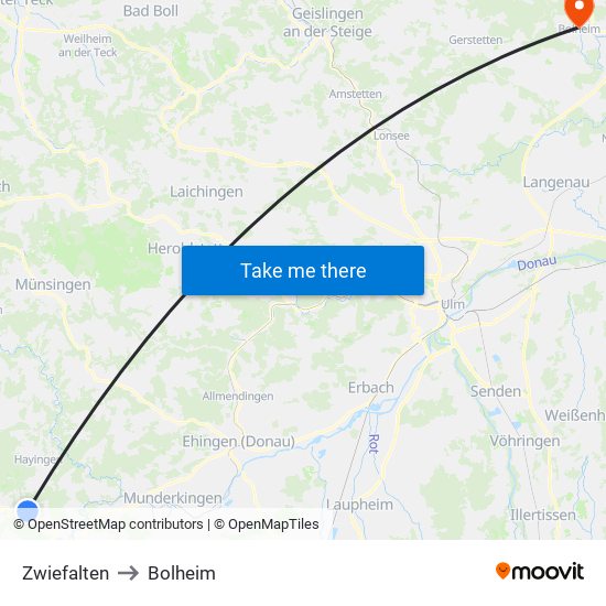Zwiefalten to Bolheim map